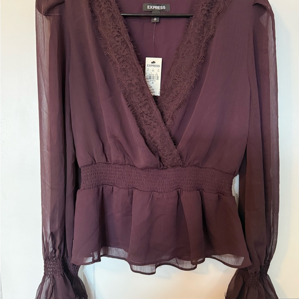 Express Women's Plum Sheer Blouse with Lace Detail